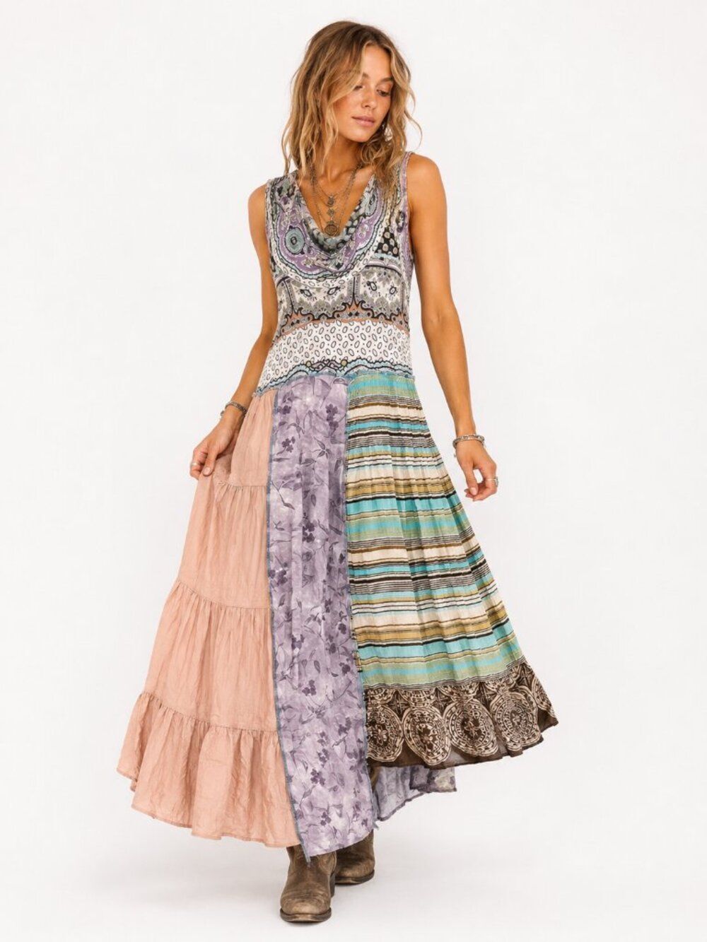 Upcycle by Jelbel One Size Mixed Print Patchwork Boho Hippie artsy Maxi Dress